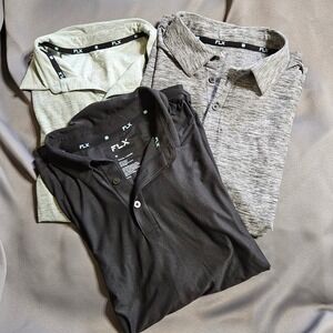 FLX Mens Travel Leisure Polo Shirt Bundle Lot 3 Pack Gray Black Stretch Size M